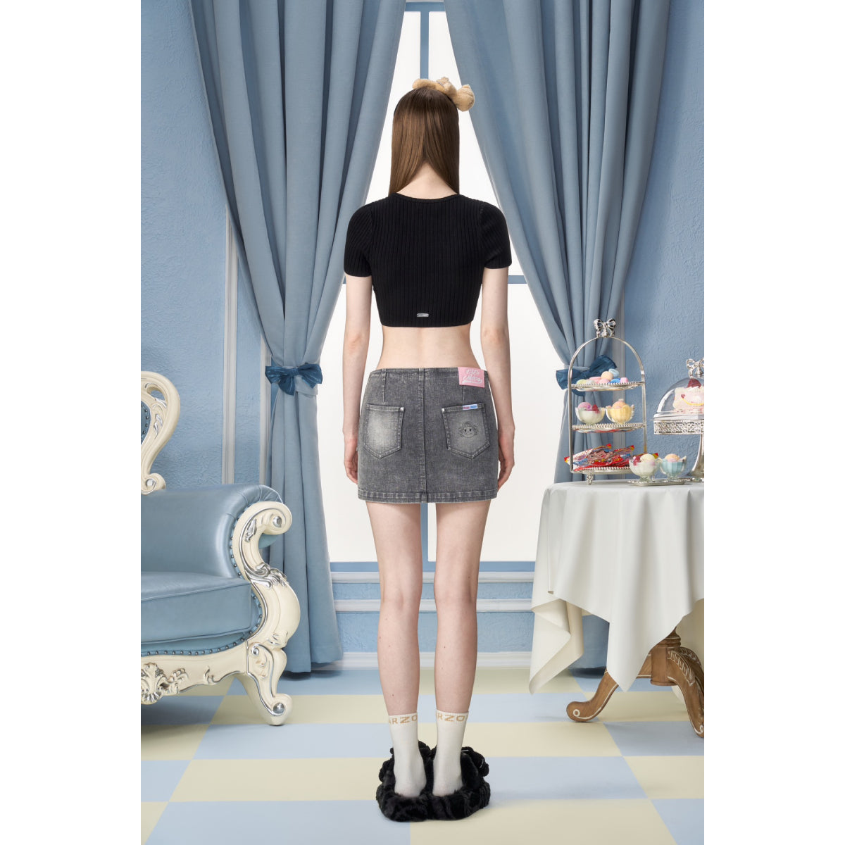 13DE MARZO X PEKO Fujiya Sweets Bear Denim Skirt Gray