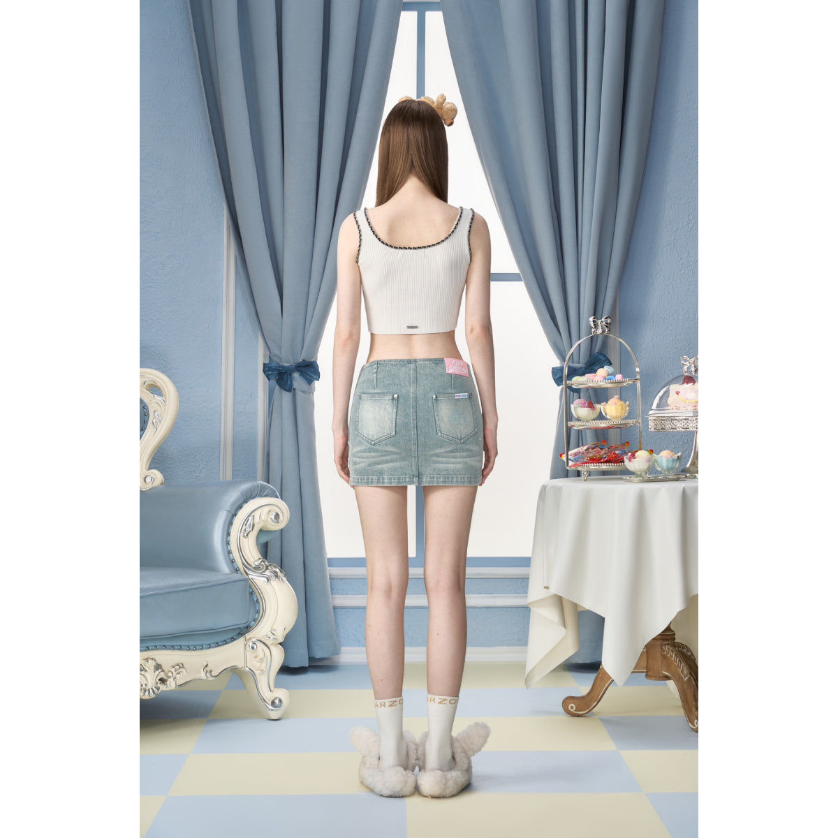 13DE MARZO X PEKO Fujiya Sweets Bear Denim Skirt Blue