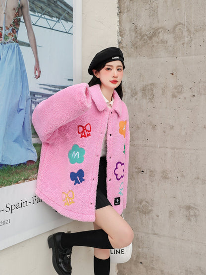 Andrea Martin Bowknot Flower Embroidered Alphabet Fleece Jacket Pink