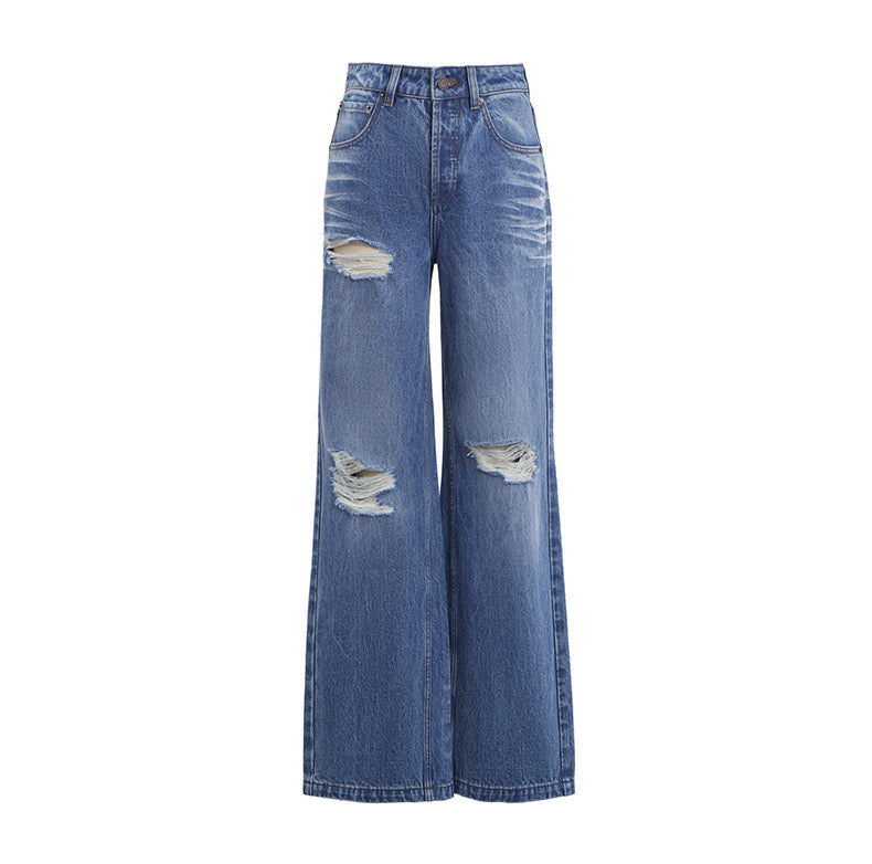 Concise-White Ripped Denim Flared Wide-Leg Jeans Dark Blue