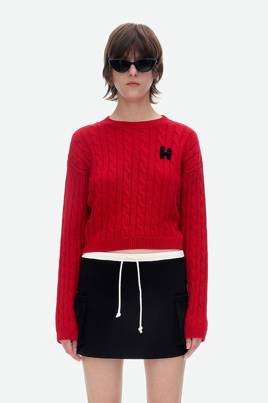 Herlian Round Neck Cable Pullover Sweater Red