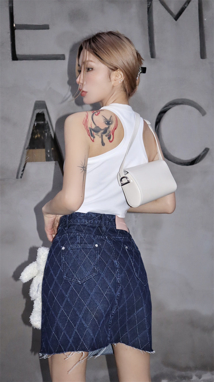 13DE MARZO Bear Diamond Check Denim Skirt Gibraltar Sea