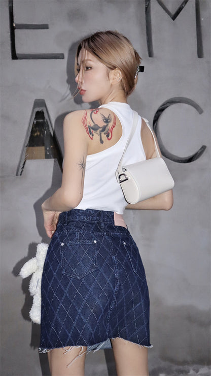 13DE MARZO Bear Diamond Check Denim Skirt Gibraltar Sea