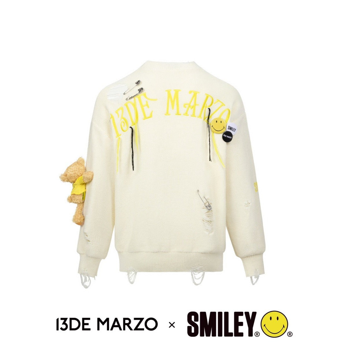 13De Marzo x Smiley Broken Suture Pin Sweater White