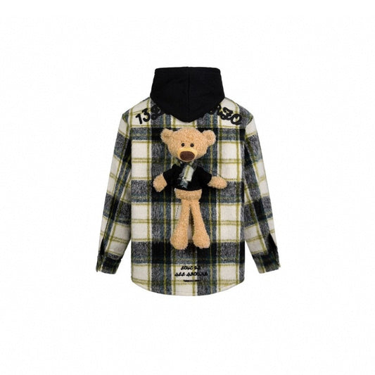 13DE MARZO Woolen Plaid Bear Hoodie Golden Cypress - Fixxshop