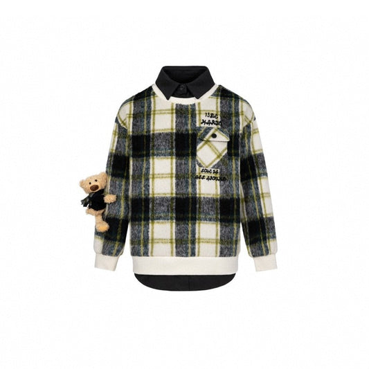 13DE MARZO Woolen Plaid Bear Shirt Golden Cypress - Fixxshop