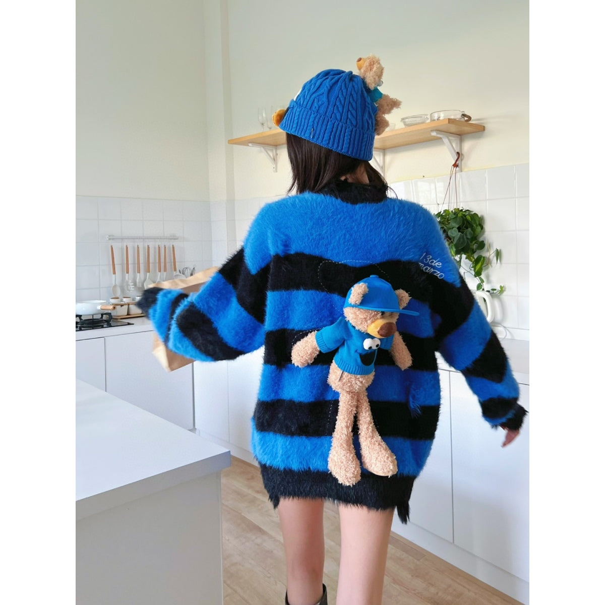 13DE MARZO x SESAME STREET Cookie Monster Bear Fur Stripe Sweater Dazzling Blue - Fixxshop