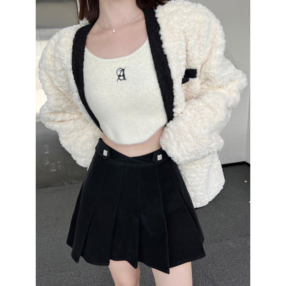 THREE QUARTERS Irregular Crystal Button Velvet Leather Skirt - Fixxshop
