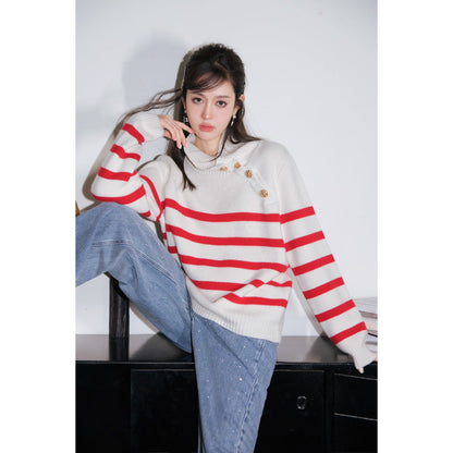 THREE QUARTERS Striped Gold Buckle Knit Sweater Red