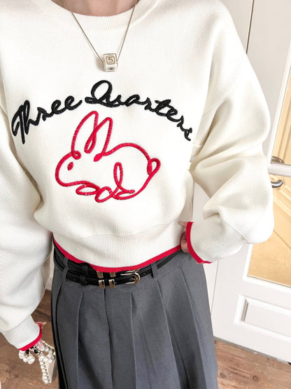 THREE QUARTERS Rabbit Printed Sweater White