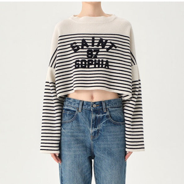 Concise-White LOGO Striped Knit Crop Sweater Blue