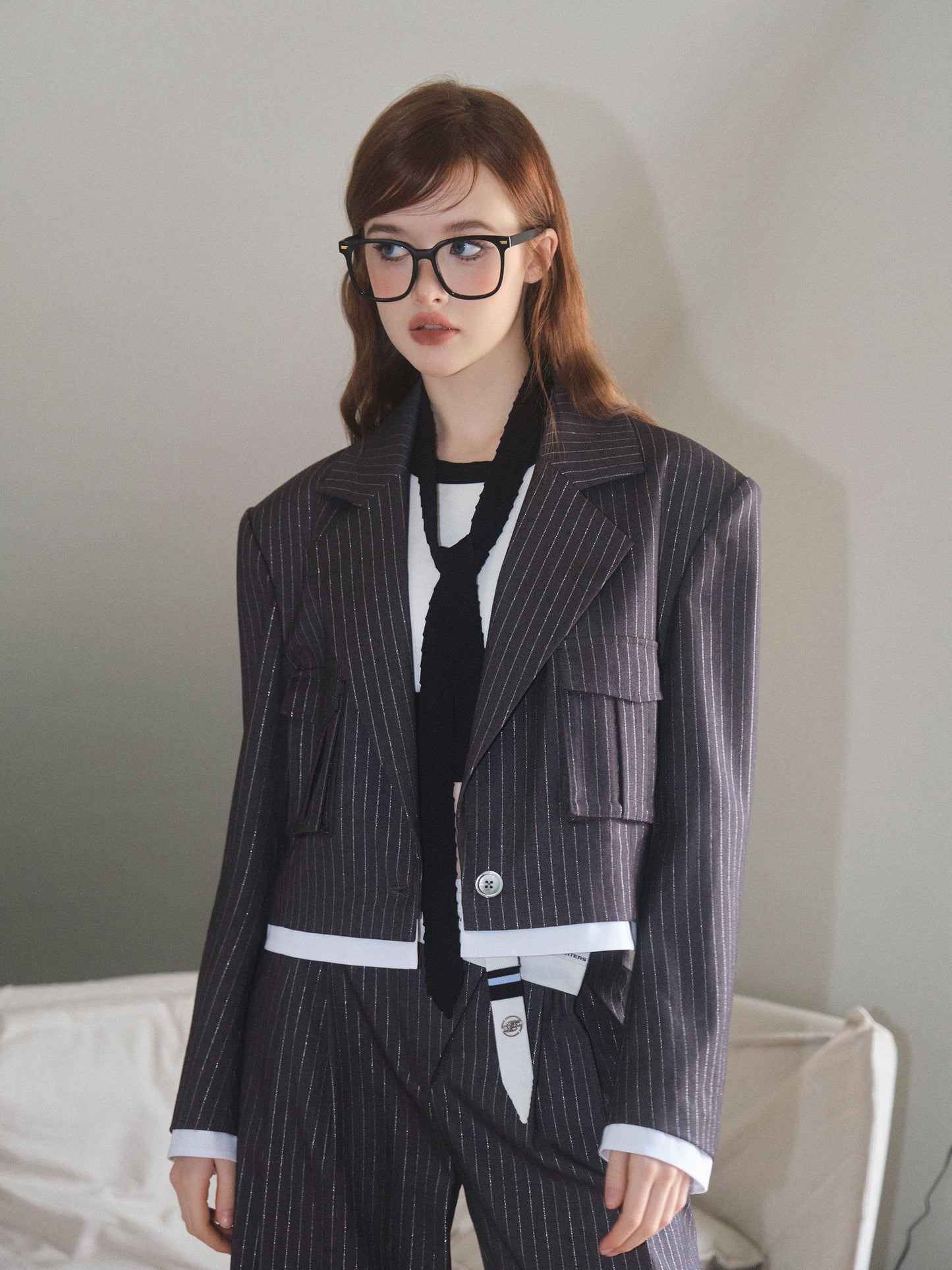 THREE QUARTERS Silver Striped Copped Blazer and Trousers