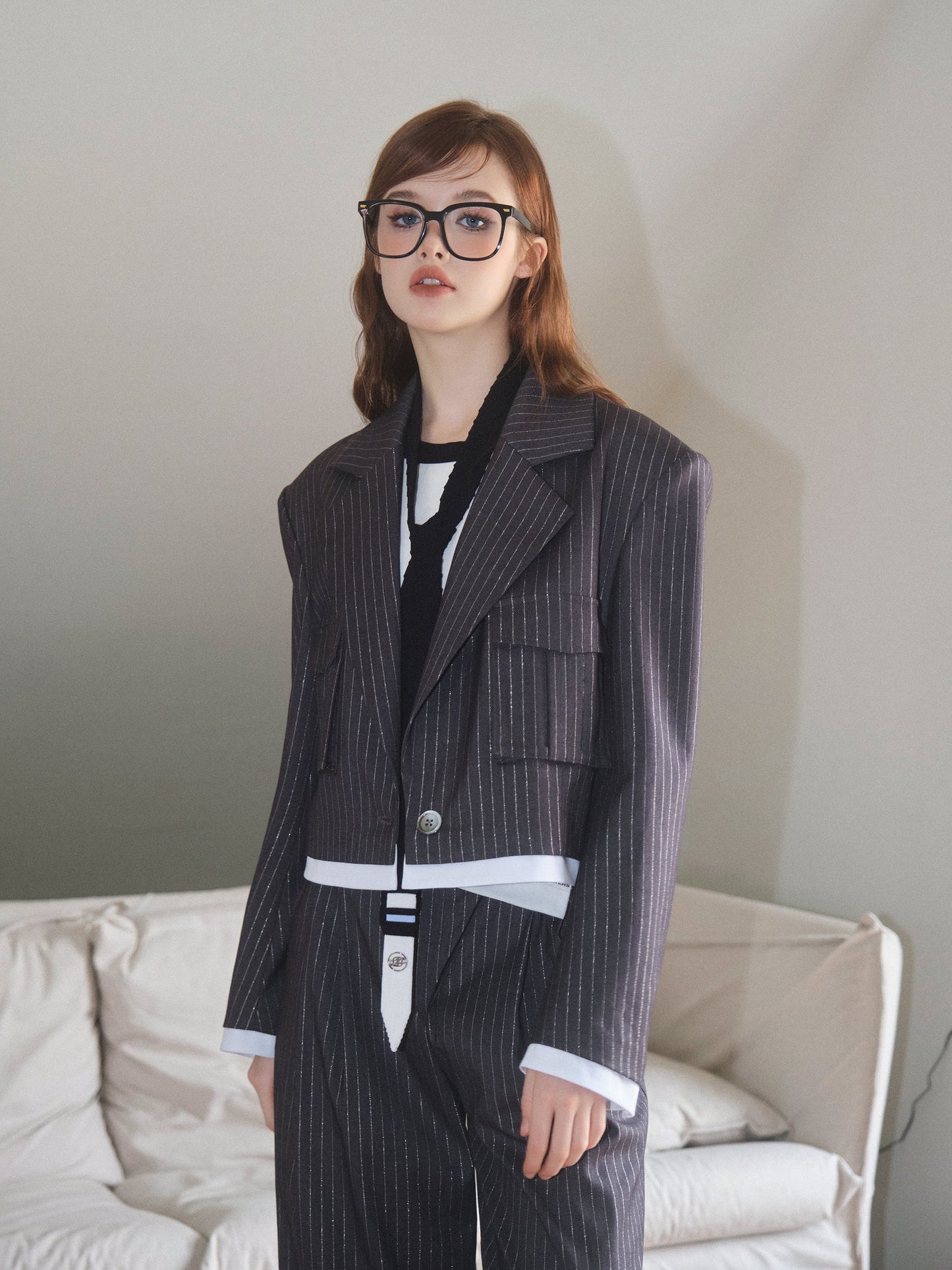 THREE QUARTERS Silver Striped Copped Blazer and Trousers