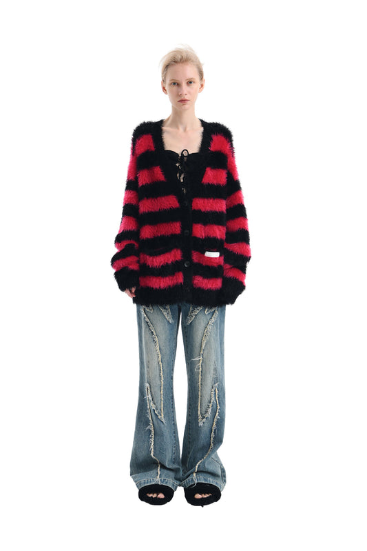 Ann Andelman Striped Wool Cardigan Red
