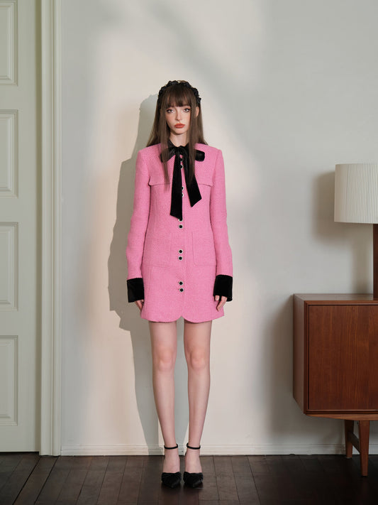 THREE QUARTERS Velvet Bow Tweed Jacket Dress