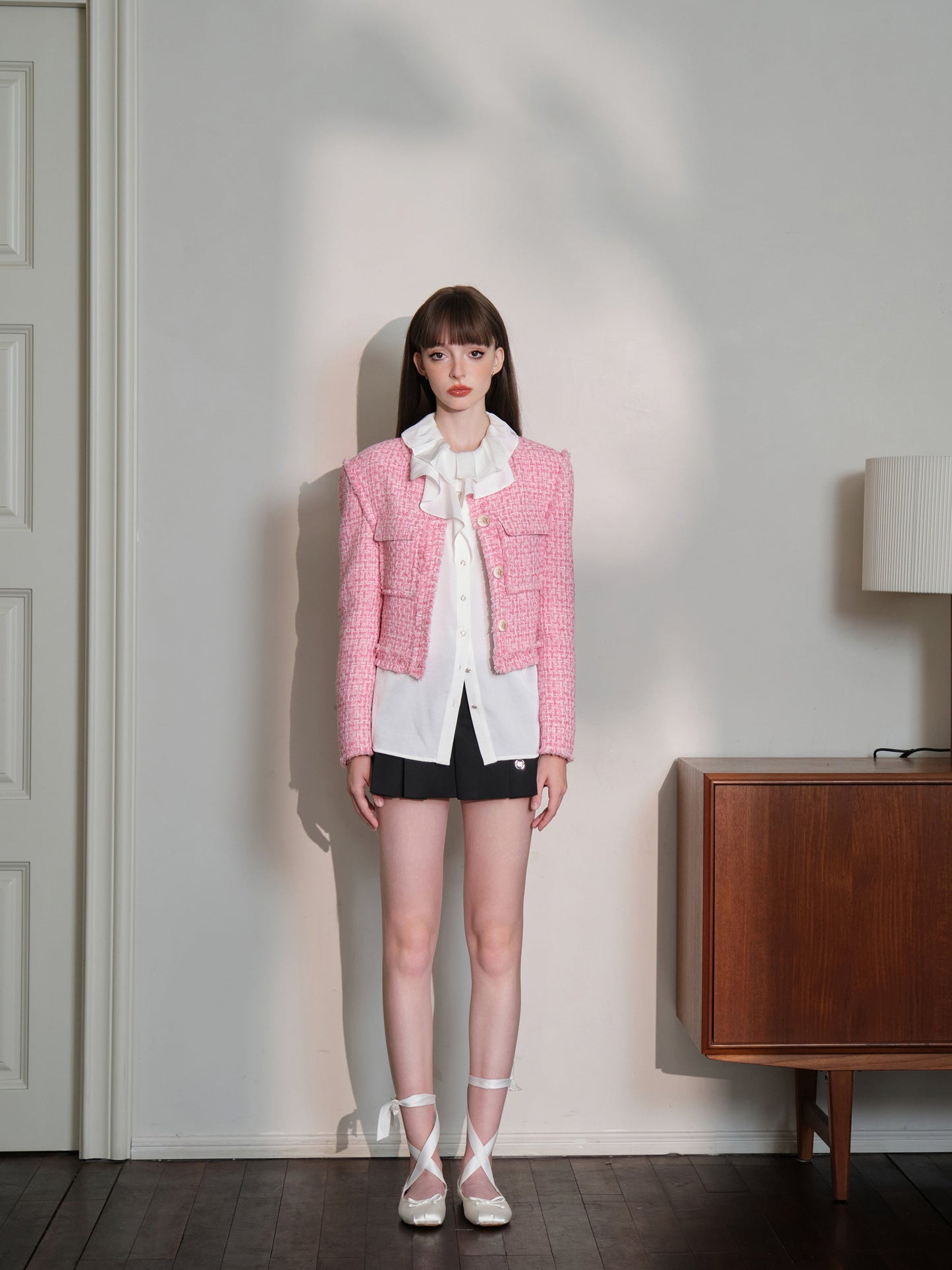 THREE QUARTERS Gold Buckle Tweed Jacket Pink