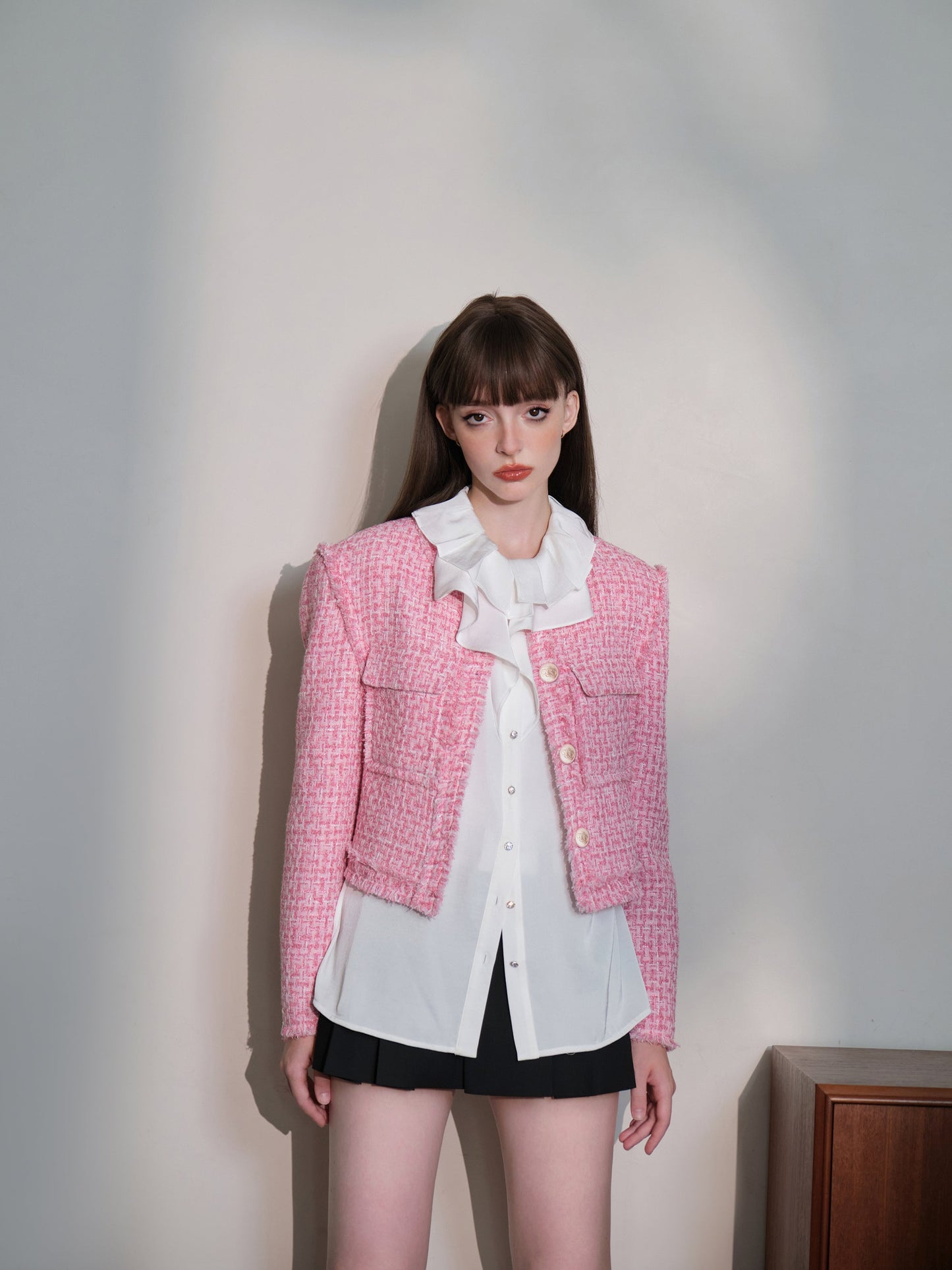 THREE QUARTERS Gold Buckle Tweed Jacket Pink