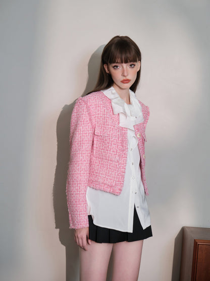 THREE QUARTERS Gold Buckle Tweed Jacket Pink