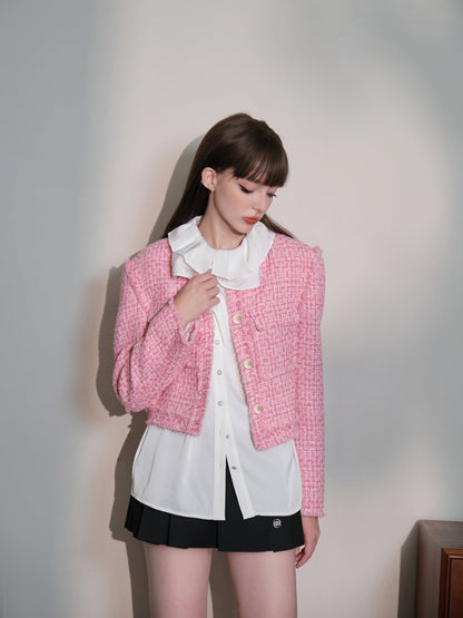 THREE QUARTERS Gold Buckle Tweed Jacket Pink