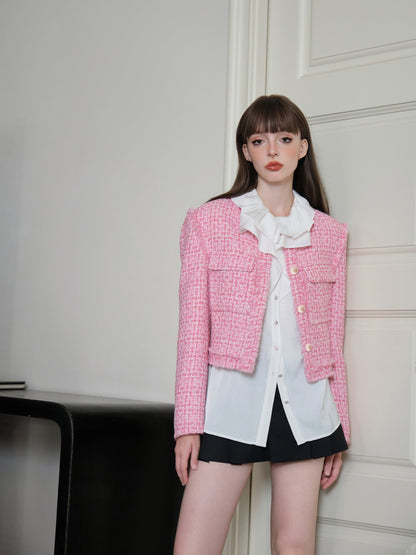 THREE QUARTERS Gold Buckle Tweed Jacket Pink