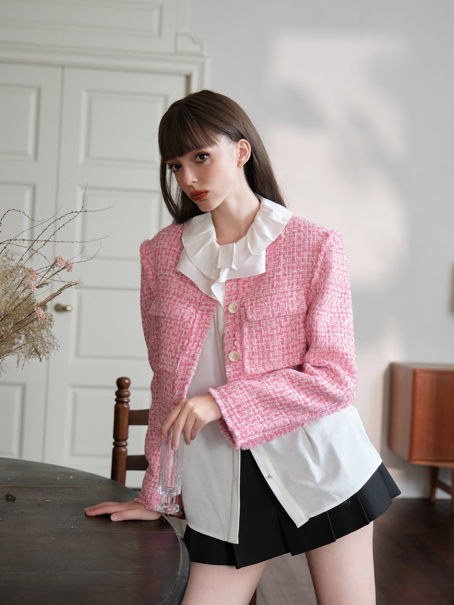 THREE QUARTERS Gold Buckle Tweed Jacket Pink