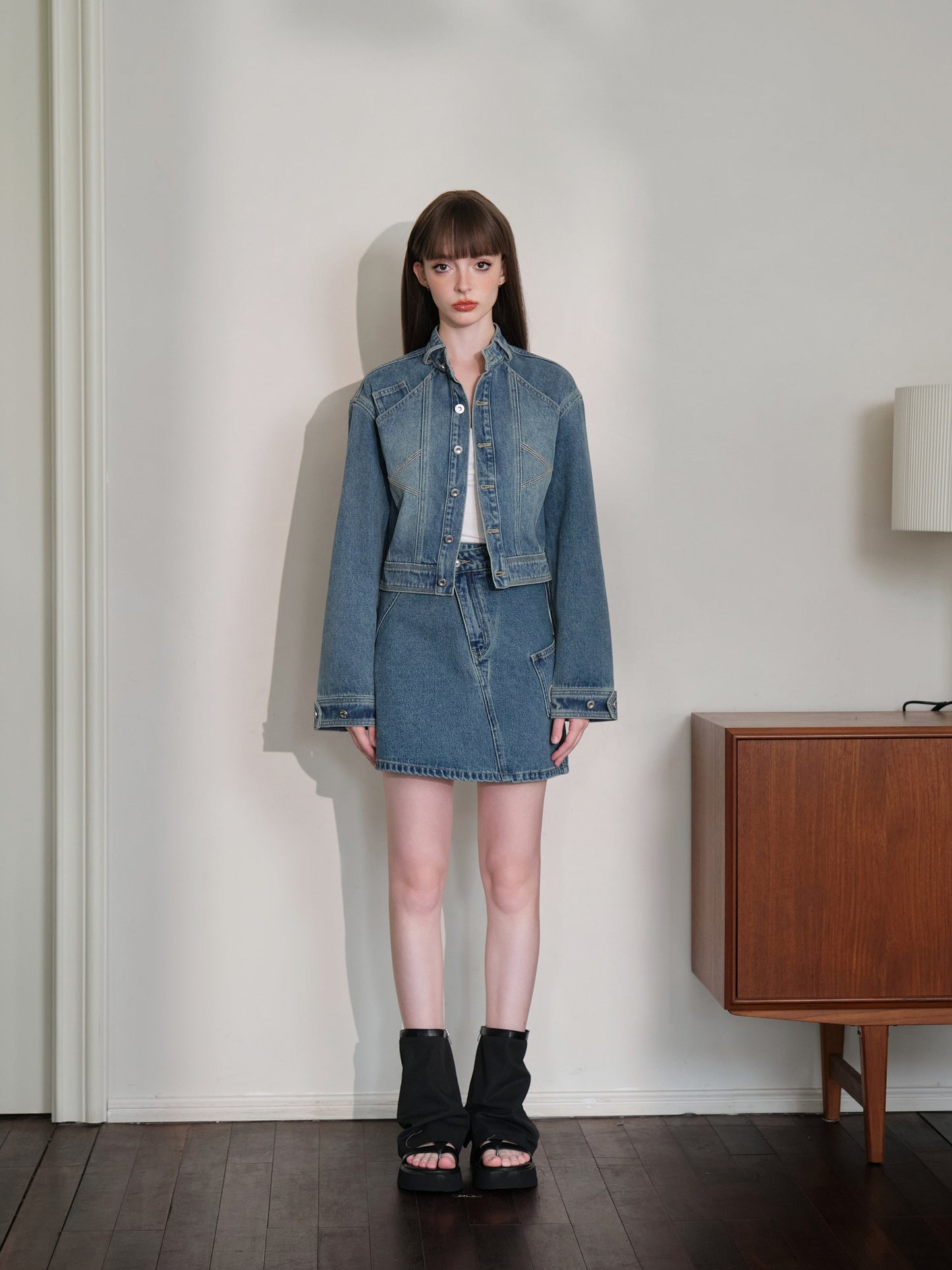 THREE QUARTERS Vintage Washed Denim Jacket and Skirt