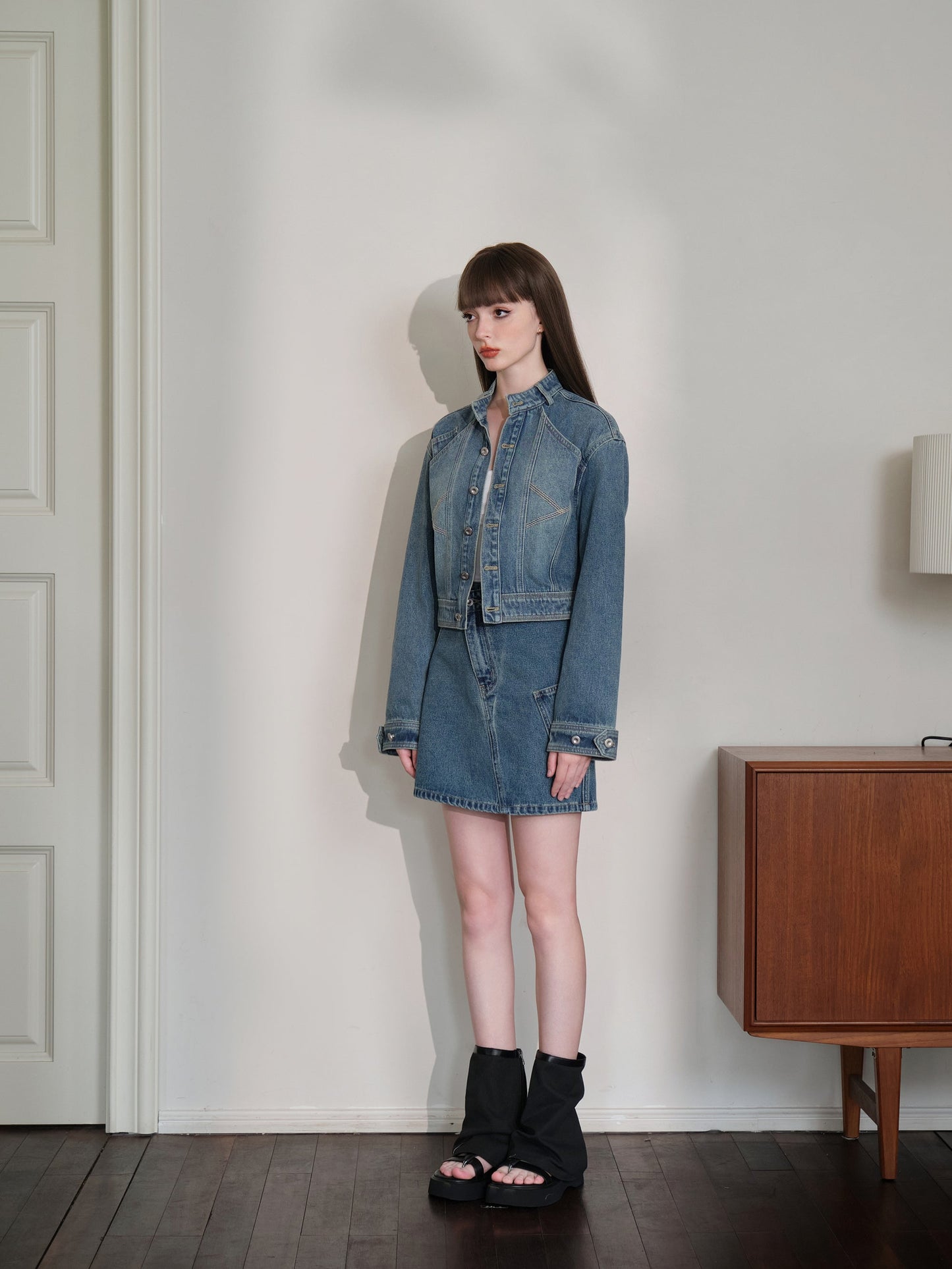 THREE QUARTERS Vintage Washed Denim Jacket and Skirt