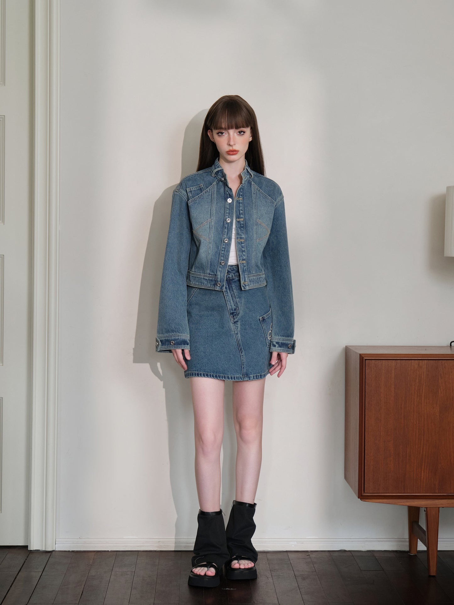 THREE QUARTERS Vintage Washed Denim Jacket and Skirt