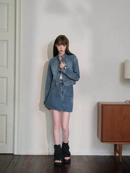 THREE QUARTERS Vintage Washed Denim Jacket and Skirt