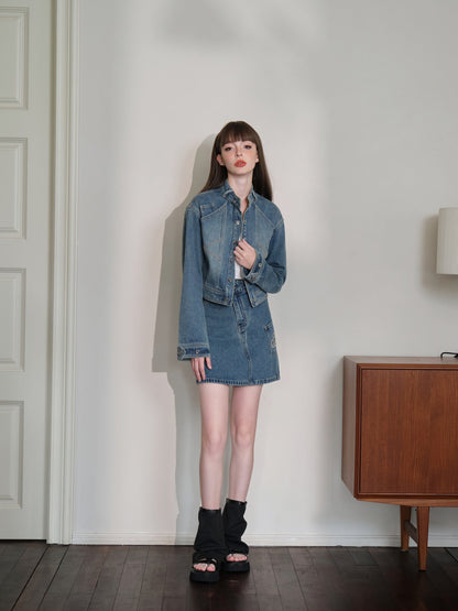 THREE QUARTERS Vintage Washed Denim Jacket and Skirt