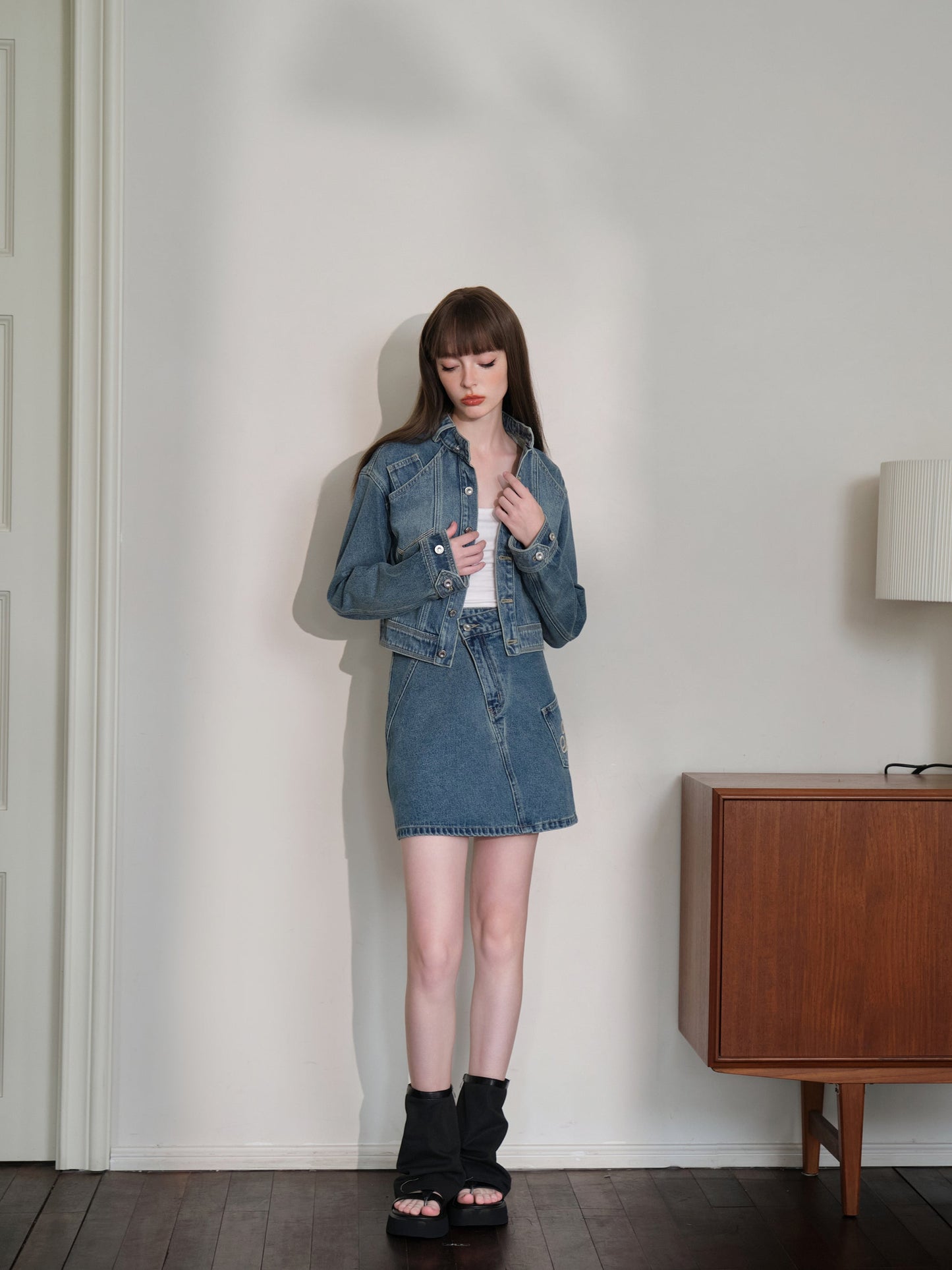 THREE QUARTERS Vintage Washed Denim Jacket and Skirt