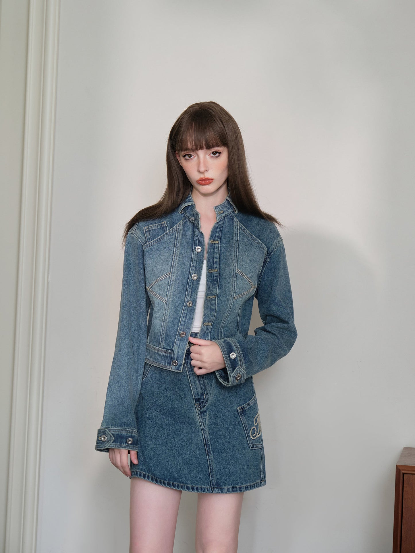 THREE QUARTERS Vintage Washed Denim Jacket and Skirt