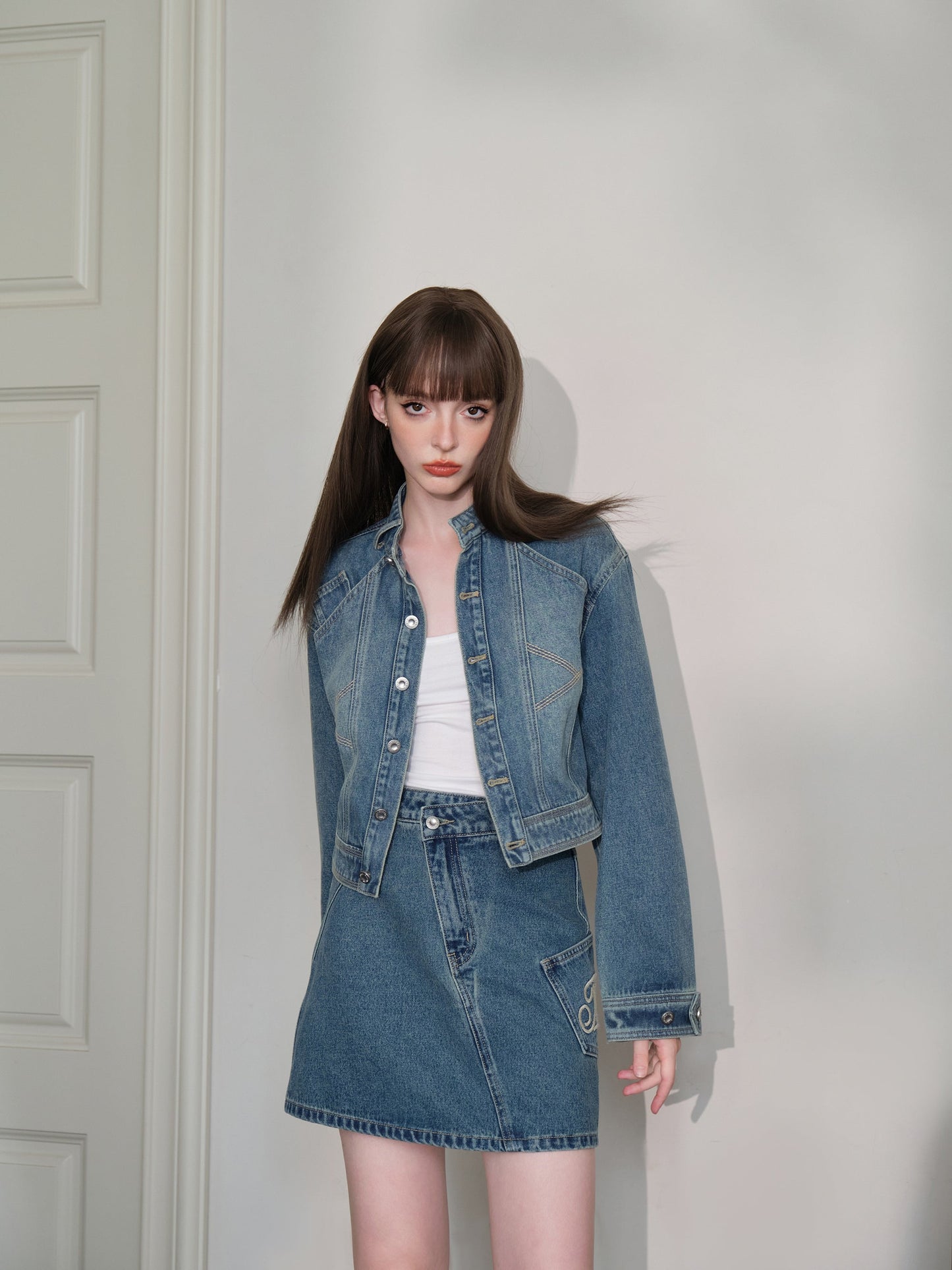 THREE QUARTERS Vintage Washed Denim Jacket and Skirt