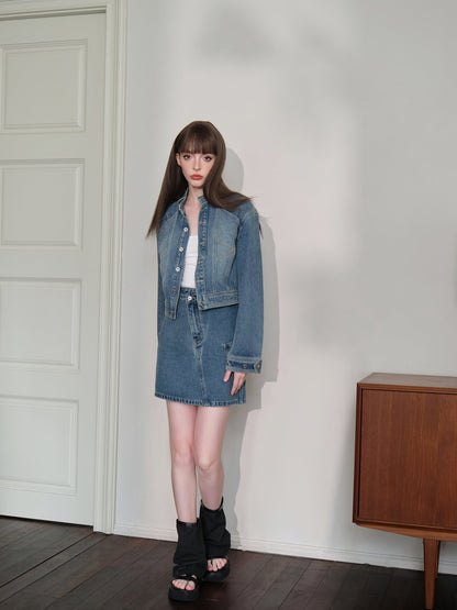 THREE QUARTERS Vintage Washed Denim Jacket and Skirt