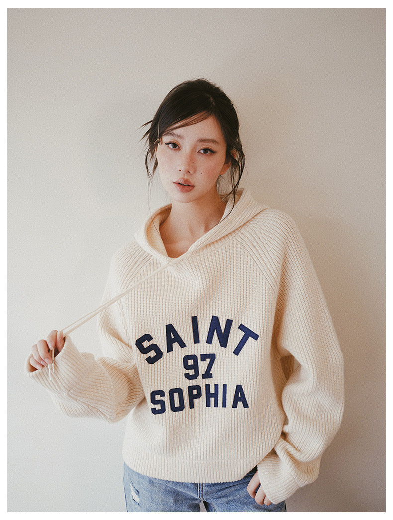 Concise-White LOGO Knit Sweater Hoodie Apricot