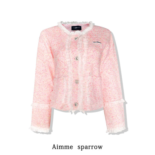 Aimme Sparrow Lace Trim Tweed Heart Button Jacket