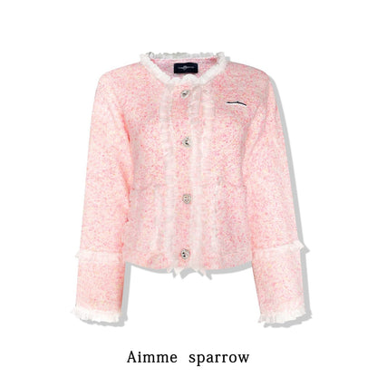 Aimme Sparrow Lace Trim Tweed Heart Button Jacket