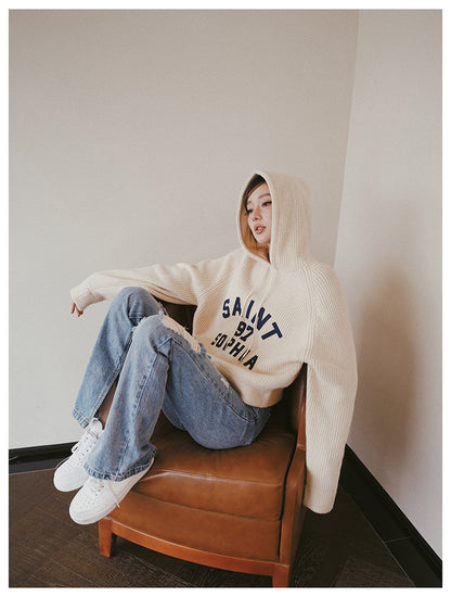 Concise-White LOGO Knit Sweater Hoodie Apricot