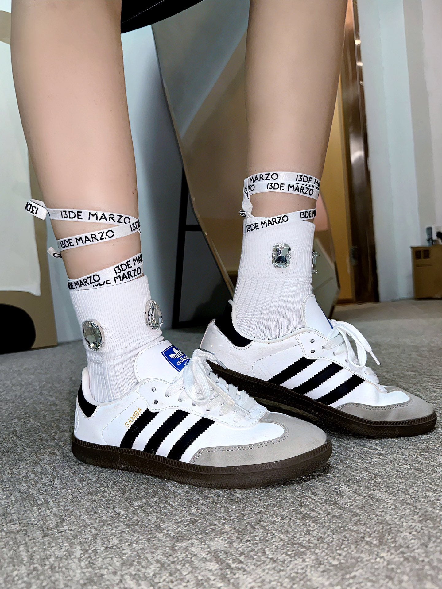 13DE MARZO Artificial Diamond Lace-Up Socks Bright White