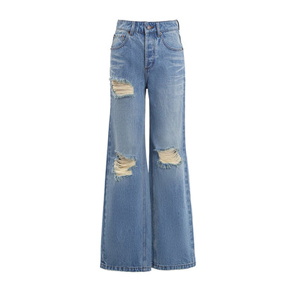 Concise-White Ripped Denim Flared Wide-Leg Jeans Light Blue