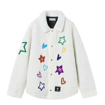 Andrea Martin Starry Love Embroidered Alphabet Fleece Jacket White