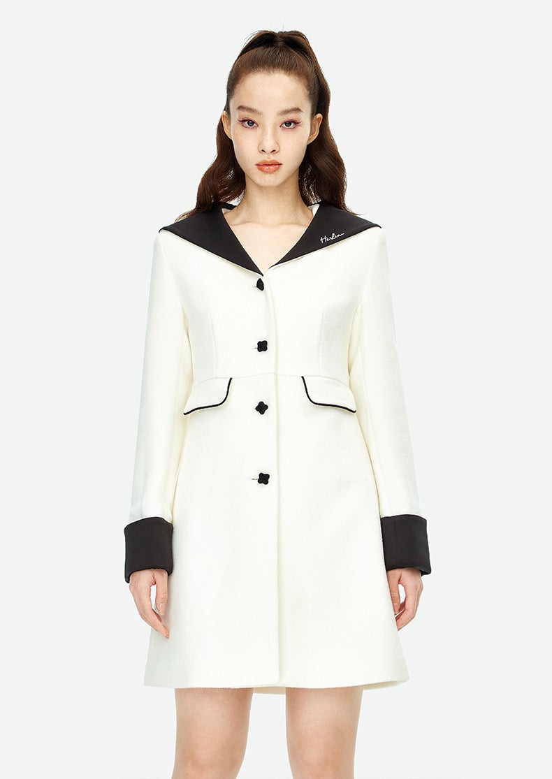 Herlian Color Contrast Navy Collar Neck Long Coat