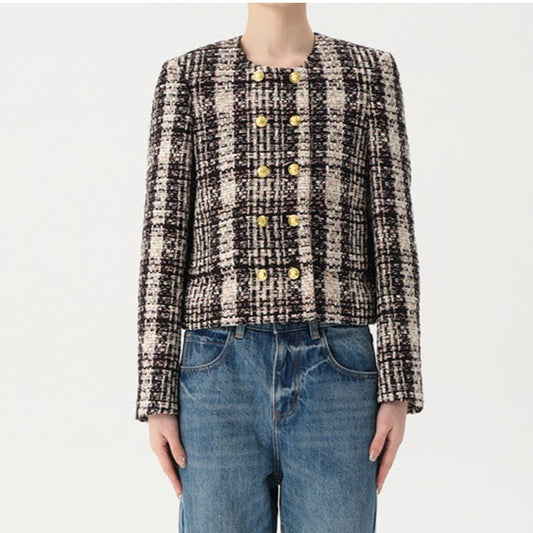 Concise-White Double Breasted Plaid Short Jacket