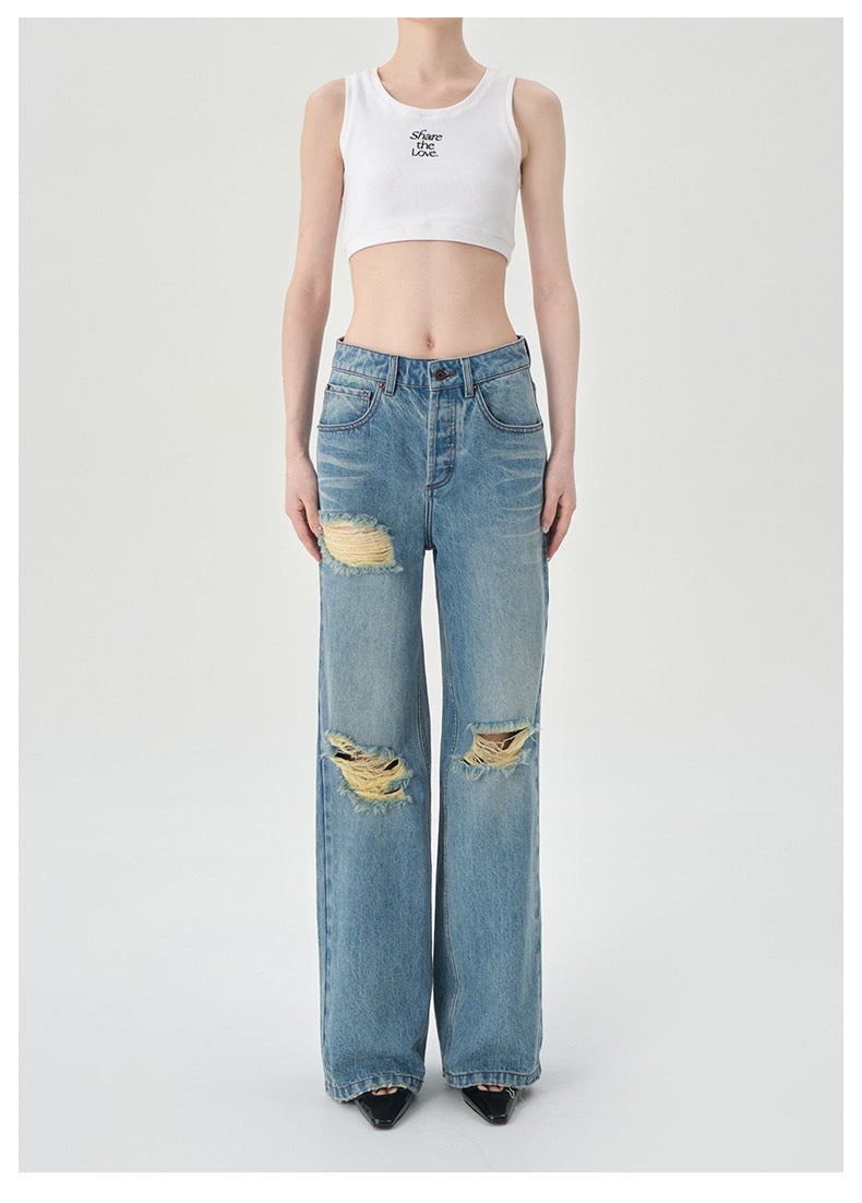 Concise-White Ripped Denim Flared Wide-Leg Jeans Light Blue