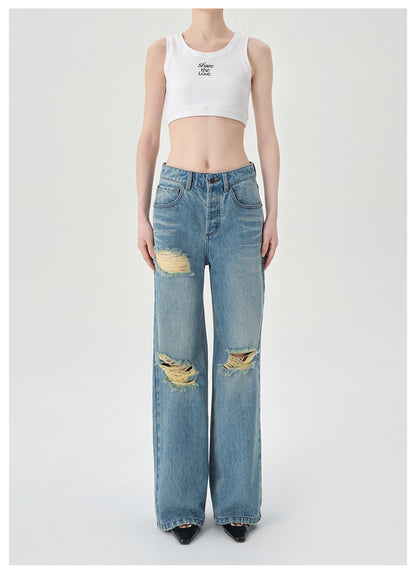 Concise-White Ripped Denim Flared Wide-Leg Jeans Light Blue