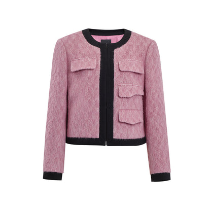 Concise-White Colourblock Wool Pocket Flap Short Coat Pink