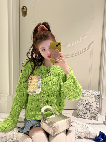 Aimme Sparrow Green Cutout Lace Knit Sweater