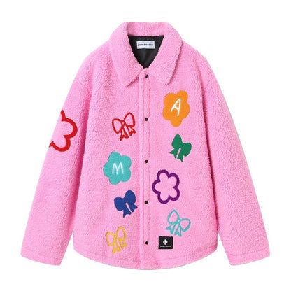 Andrea Martin Bowknot Flower Embroidered Alphabet Fleece Jacket Pink