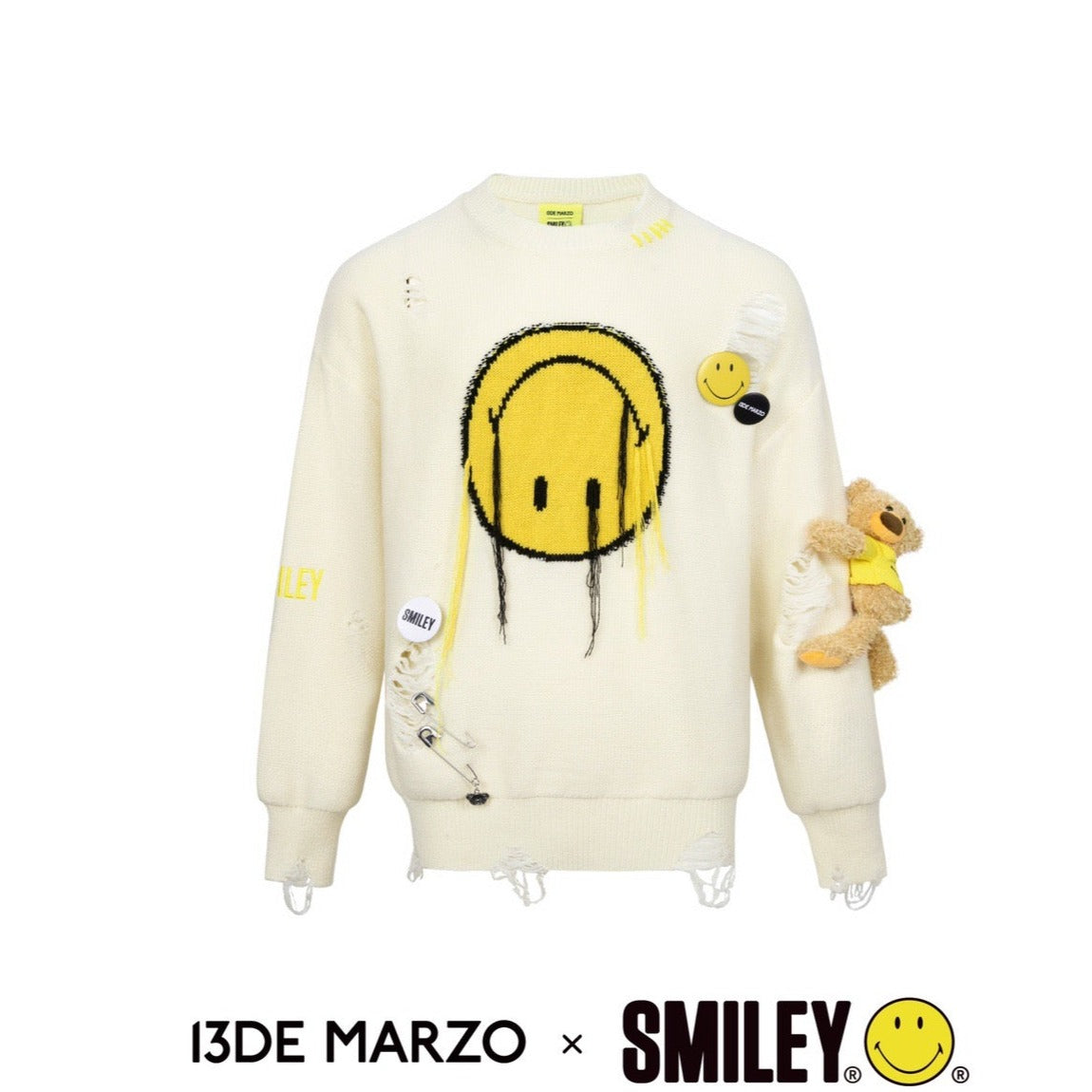 13De Marzo x Smiley Broken Suture Pin Sweater White