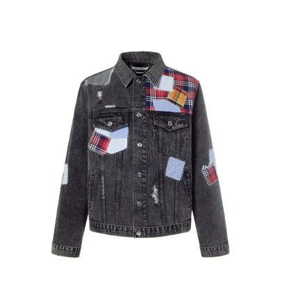 13DE MARZO Plaid Patch Denim Jacket Washed Black